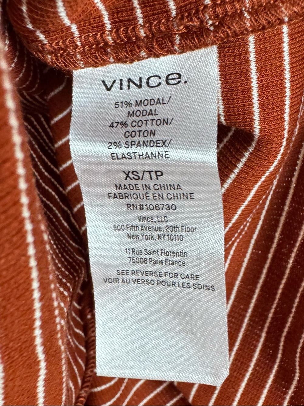 Vince Knit Top Tee Shirt Striped Print Rust Orange White Ribbed Elbow Sleeve - Picture 6 of 7